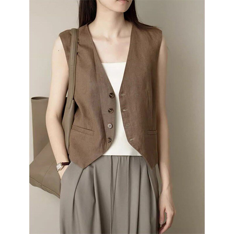 棉麻西装马甲外套女士夏季薄款外穿宽松休闲无袖坎肩背心亚麻上衣