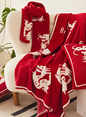 龙年限定半边绒毛毯本命年红色沙发午睡毯新年装饰毯Y子抱枕三件