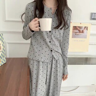睡衣女春秋季韩版甜美简约波点纯棉长袖长裤家居服两件套装学生冬