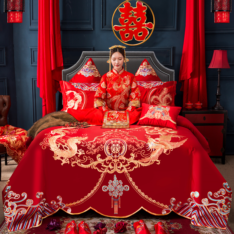 全棉婚庆四件套婚礼床上用品大红色结婚被套床单纯棉婚房套件龙凤