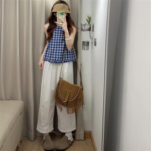 夏日绝美穿搭套装纯欲风辣妹蓝色吊带背心上衣女显瘦阔腿裤两件套