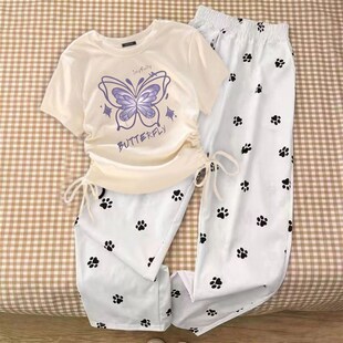 夏季韩系慵懒风甜辣妹抽绳短款短袖T恤上衣休闲阔腿裤两件套装女