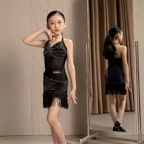 夏季新女孩拉丁舞服装儿童吊带拉丁舞表演练习服装U分离流苏裙套