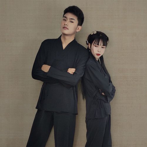 汉服男女传统黑白中衣中裤交领纯棉E里衣内搭秋冬云袜日常睡衣中