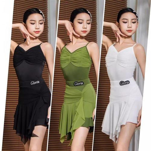 夏季新款拉丁舞服l女童抽褶拼接吊带网纱荷叶边半裙演出表演练功