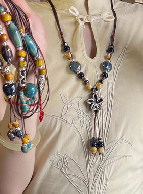 新中式陶瓷串g珠花朵项链女民族风复古旗袍颈链文艺气质长款毛衣