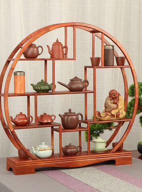 花梨博古架圆形实木中式多宝阁紫砂茶F壶架子茶室客厅小摆件置物