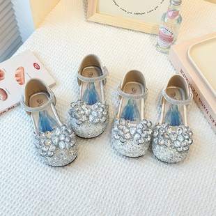 小女孩水钻儿童皮鞋 女童公主鞋 软底女宝水晶z包头凉鞋 款 配裙 夏季