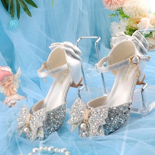 细 洋气配裙N子儿童网红高跟鞋 白色大童女鞋 女童带跟小女孩公主鞋