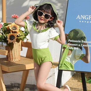 新款 防晒游泳 直销女童宝宝小清新连身泳衣可爱中小童学生泡泡W袖