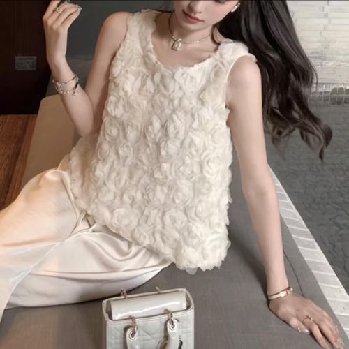 法式高级感d气质立体玫瑰花背心吊带女夏季短款宽松无袖露肩上衣