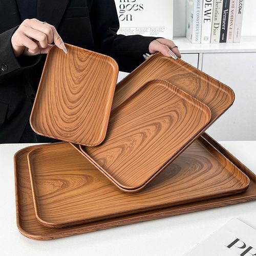 仿木纹托盘长方形塑料p茶盘餐盘家用水杯收纳盘咖啡厅面包木质盘