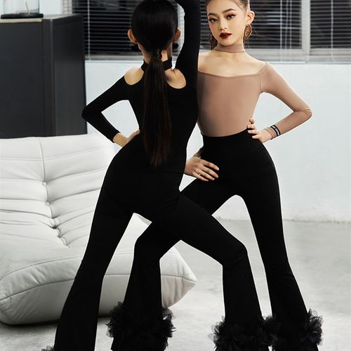 秋季新款舞服拉丁舞女童高贵露肩长袖F显白色修身喇叭裤分体练功