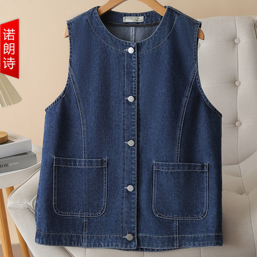 复古牛仔背心马甲大码胖mm双口袋外穿马夹无袖洋气减龄.遮肚子外