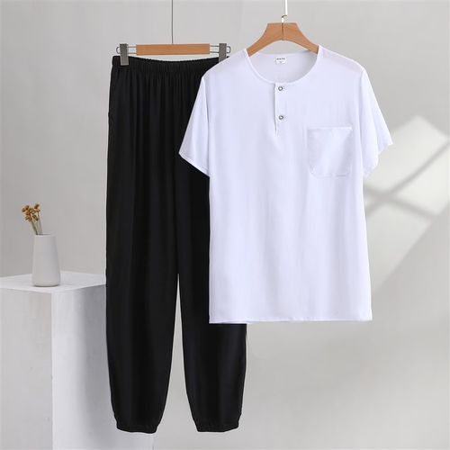 棉绸睡衣男夏季h薄款舒适居家人造棉短袖长裤两件套装爸爸2024年