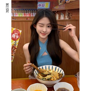 法式 设计感小众背心外 别致独特辣妹蓝色针织挂w脖吊带上衣女夏季