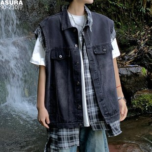 假两件格子毛边工装 P潮胖宽松外套春街 牛仔马甲夹背心男加肥大码