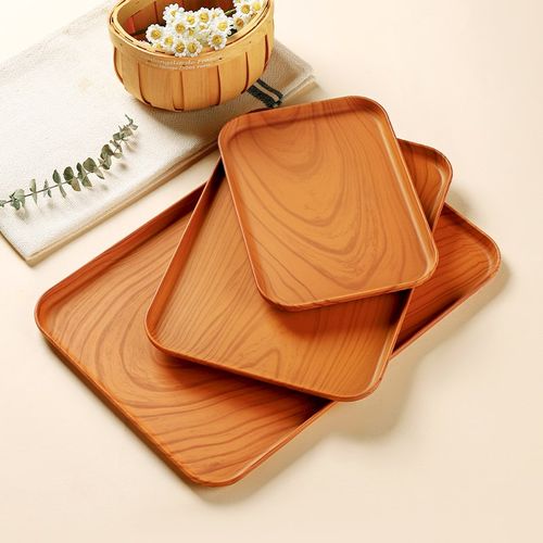 仿木纹托盘长方形塑料茶盘t餐盘家用水杯收纳盘咖啡厅面包木质盘