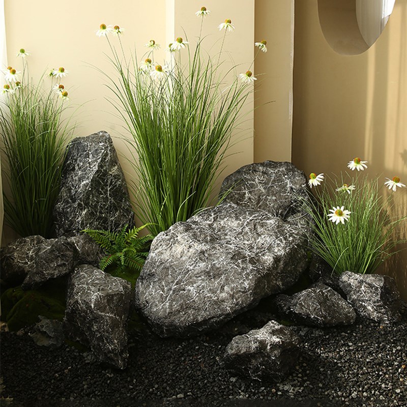 仿真玻璃钢黑山石庭院楼梯间假石头造景道具园林假山景观装饰