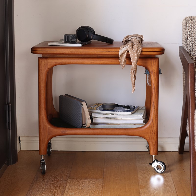 中古实木茶几多功能边几客厅家用小户型橡木实木推车折叠桌面