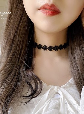 不掉色 黑色性感蕾丝花朵项链女日系短款锁骨链修饰脖子饰品颈带