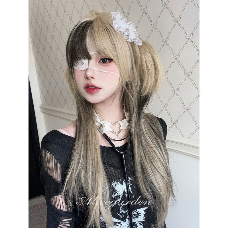 AG假发女长发网红芥末鱼丸辣妹亚裔风jk挑染抓夹长直发全头套