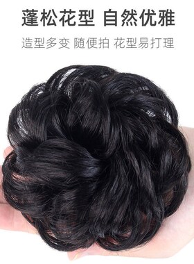 丸子头真发发圈假发女花苞头发饰小型盘发器蓬松发包逼真自然头花