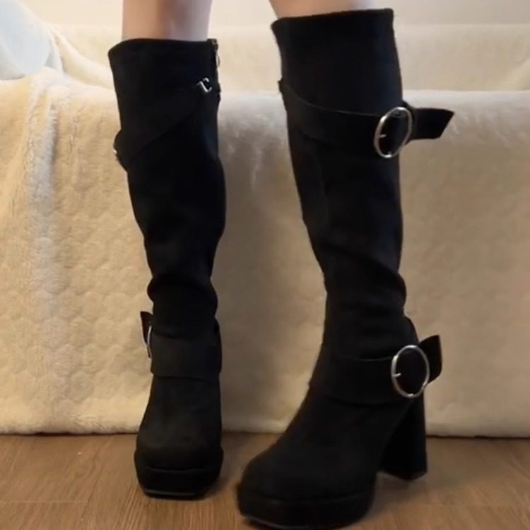 方头皮带扣长筒靴女2025冬季新款粗跟增高小个子骑士靴百搭套筒靴,女鞋,时装靴,淘宝优惠券,粉丝福利购,淘宝优惠卷
