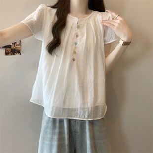 短袖 女夏季 甜美法式 衬衫 雪纺上衣 2025新款 多巴胺宽松显瘦娃娃衫