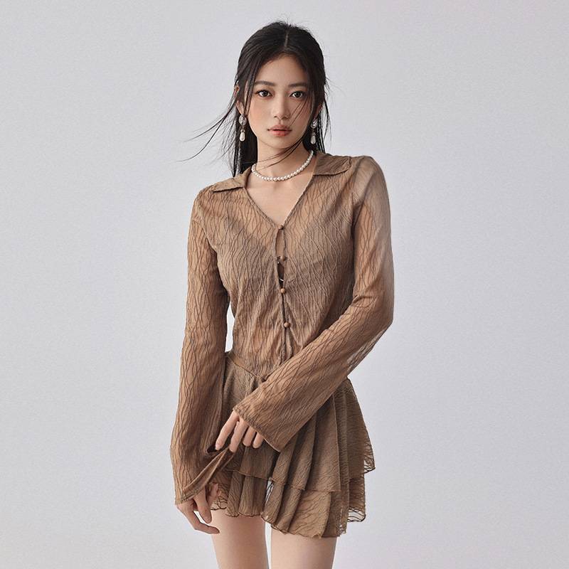 新款泳装韩版三件套长袖防晒分体裙式泳衣女显瘦遮肚保守温泉