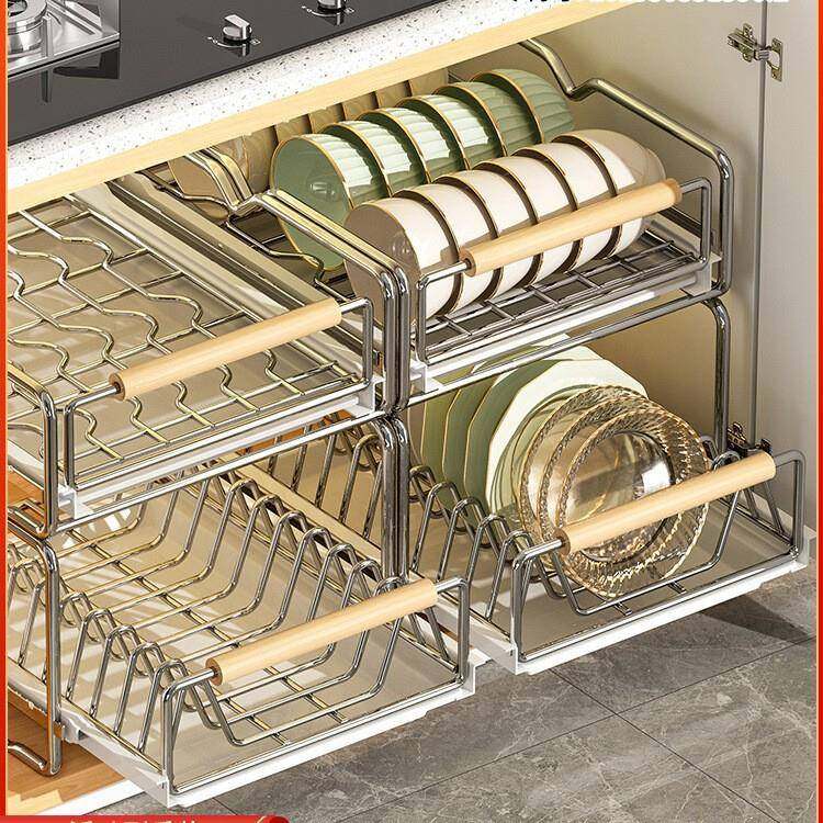 不锈钢碗碟收纳架厨房橱柜内置物架抽屉式拉篮抽拉碗盘子沥水碗架