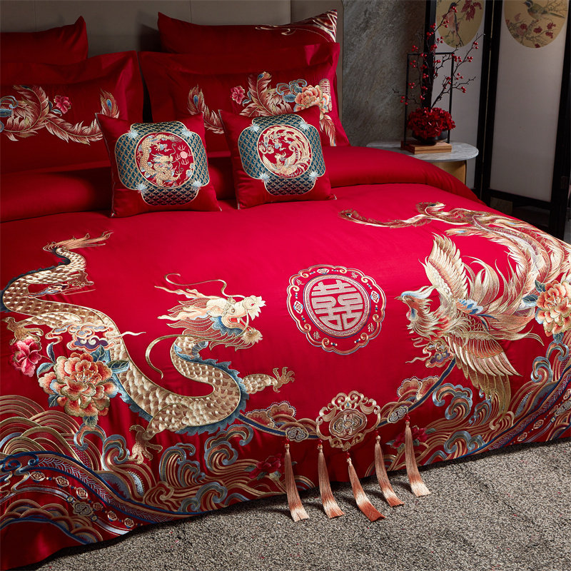120支端长绒棉婚庆四件套x大红色喜被龙凤刺绣结婚床上用品4,床上用品,婚庆床品套件,淘宝优惠券,粉丝福利购,淘宝优惠卷