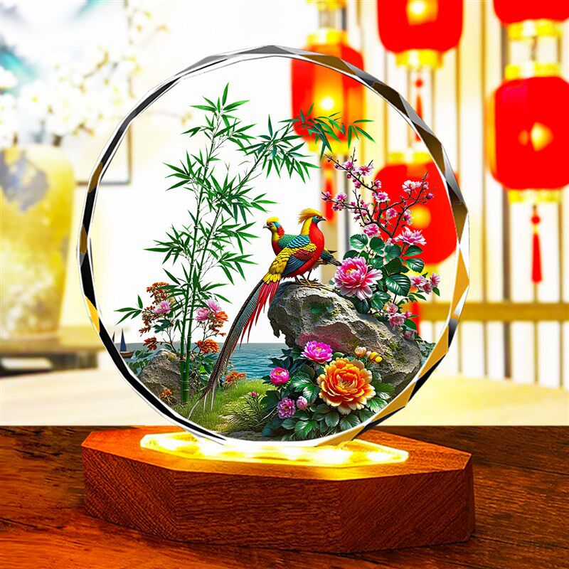 牡丹花开富贵竹报平安锦绣前程水晶摆件客厅玄关桌V面装饰品办公