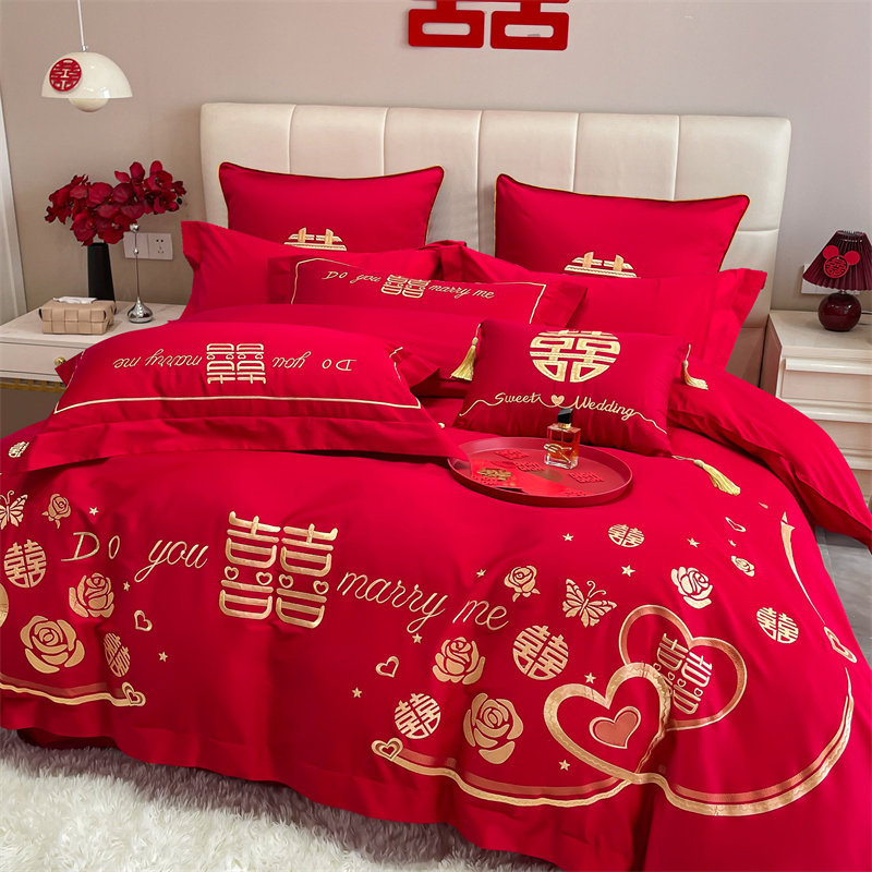结婚四件套100全棉牀单婚v庆牀上用品全棉大红色喜被新婚嫁房4,床上用品,婚庆床品套件,淘宝优惠券,粉丝福利购,淘宝优惠卷