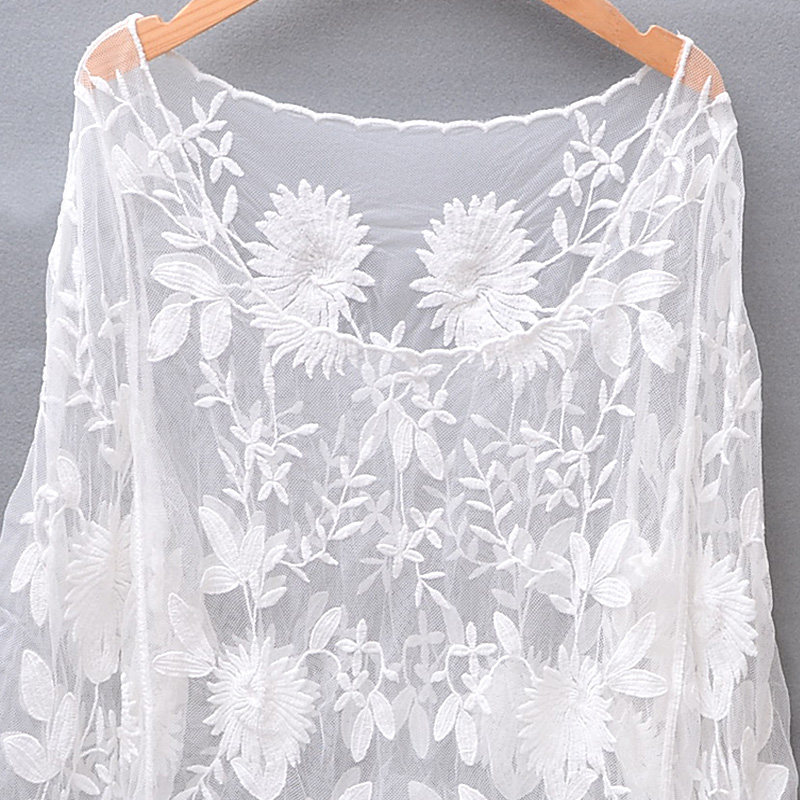 蕾丝比基尼罩衫中长款透明防晒沙滩海边长袖遮阳圆X领套头女宽松