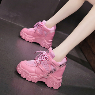 粉色老爹鞋女2023夏季新款1y2公分内增高女鞋小个子厚底松糕运动