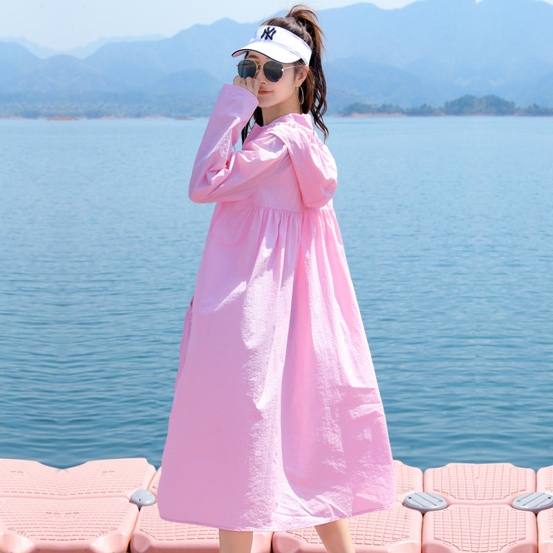 红色防晒衣女长款2021夏新款韩版过膝宽松大码防晒服薄款风衣外套