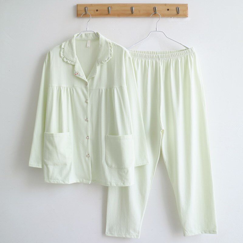 大码睡衣女款春夏季长袖薄款提花纯棉家居服套装宽松200斤可外穿