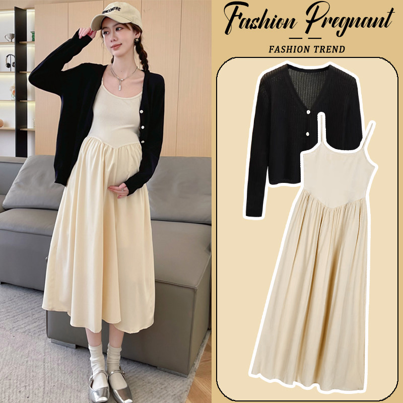 孕妇连衣裙套装春秋2024新款宽松针织外套上衣时尚吊带裙女两件套