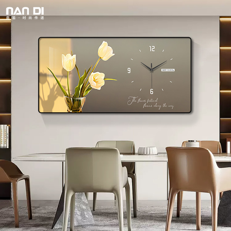 北欧花卉餐厅钟表挂钟客厅餐v桌背景墙装饰画2023新款艺术时钟挂图片