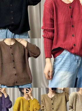 19864坑条竖条纹显瘦单排扣针织衫扭花纯色百搭长袖毛衣外套开衫