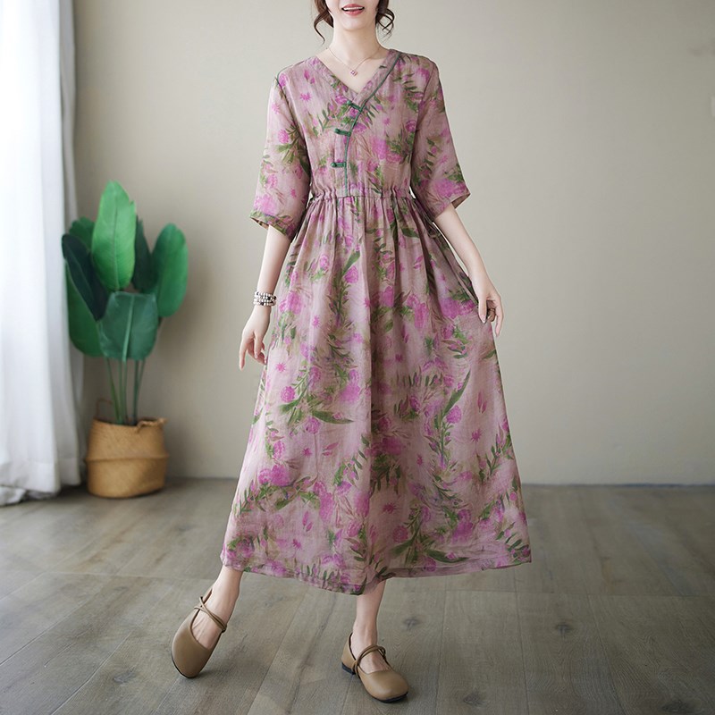 棉麻碎花连衣裙女夏季亚麻2024新款气质妈妈装大码遮肚子苎麻裙子