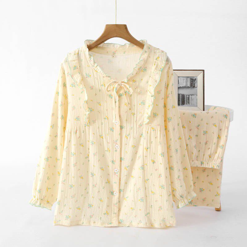 纯棉睡衣女长袖圆领纯棉双层纱布睡衣全棉绉布家居服开衫碎花立领