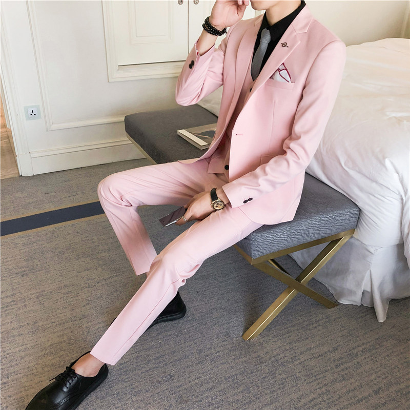 粉色西装套装男修身新郎结婚西服上班三件套潮男帅气一粒扣小西服,男装,西服套装,淘宝优惠券,粉丝福利购,淘宝优惠卷
