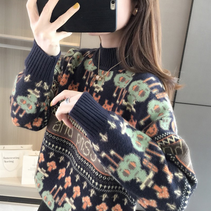 哺乳外出秋冬2022新款毛衣打底衫卡通针织衫秋装产后宽松喂奶上衣