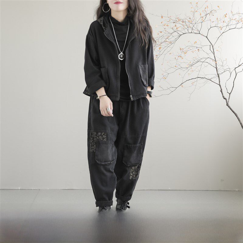 新款牛仔套装秋装上衣外套连帽宽松覆古拼接百搭女装哈伦牛仔裤女