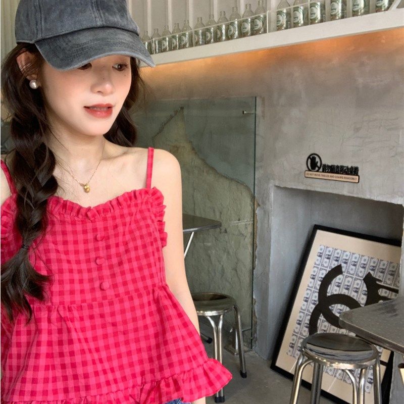 大码女装2023夏季新款胖妹妹木耳边百搭玫红可爱胖妹妹小吊带背心