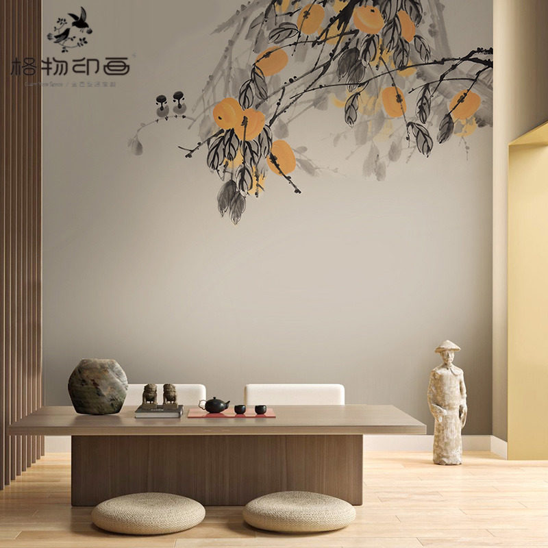 新中式水b墨喜柿花鸟电视背景墙布壁纸卧室墙纸壁布环保无纺布壁