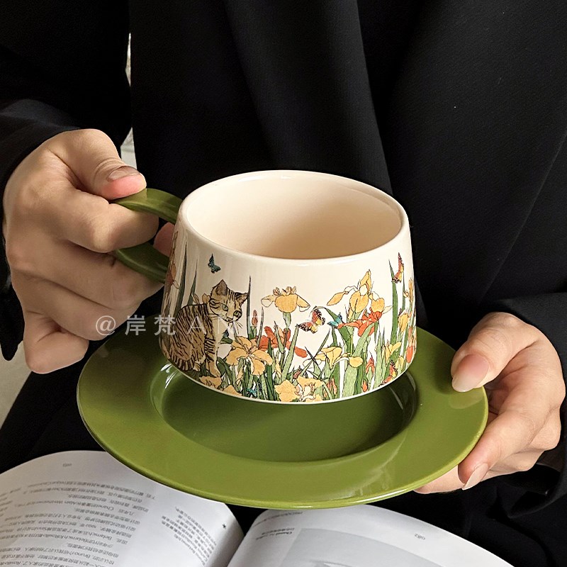 复古陶瓷a咖啡杯碟套装中古风油画猫咪物语赫本风下午茶精致伴手