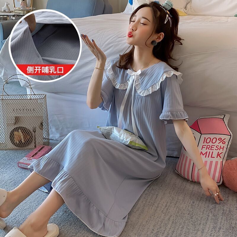 春夏季薄款公主风哺乳睡裙产后纯棉月子服孕妇喂奶睡衣产妇连衣裙